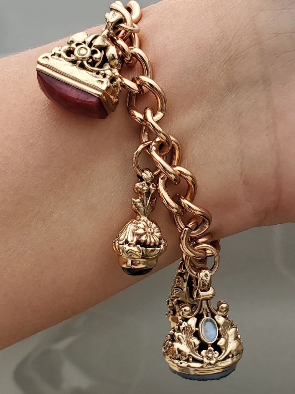 Nicky Butler Gold-Tone Charm Designer Victorian Ruby Druzy Moonstone Bracelet NB
